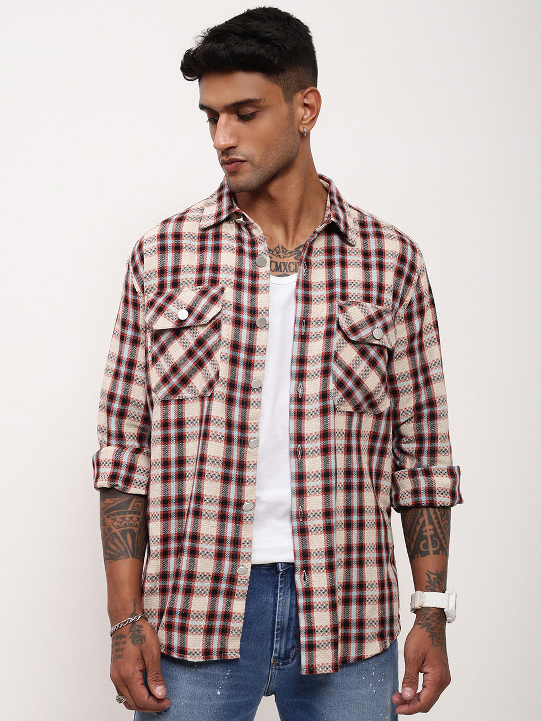 Men Beige Checked Shacket