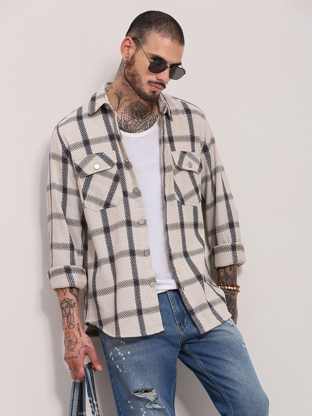 Men Cream Checked Shacket