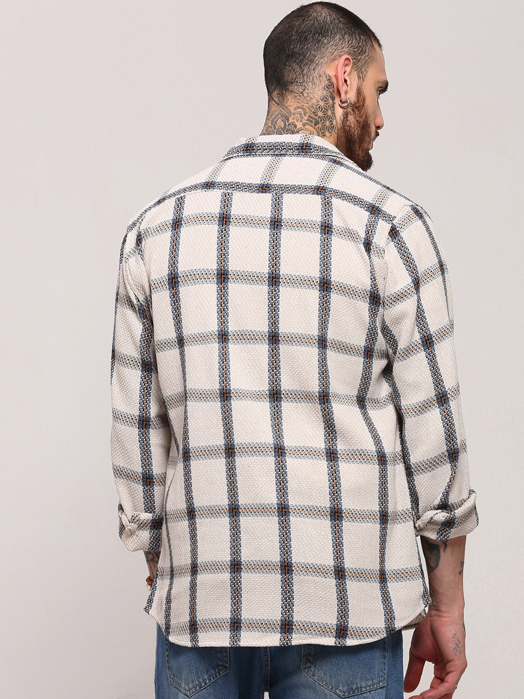 Men Cream Checked Shacket