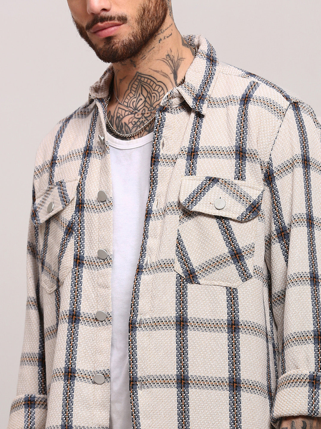 Men Cream Checked Shacket