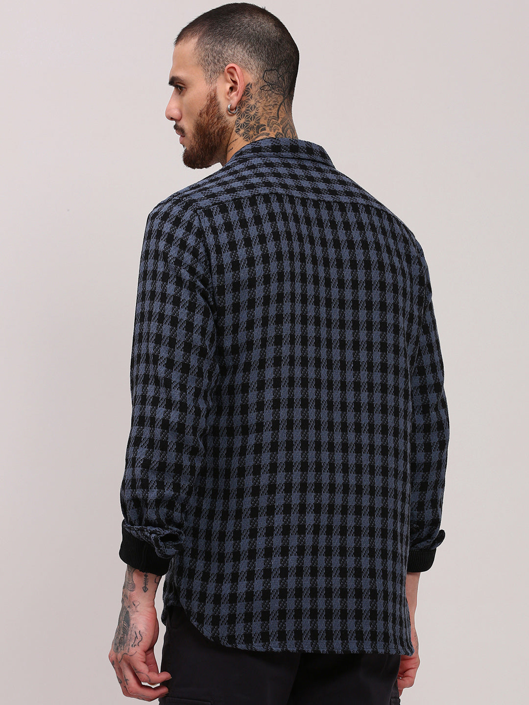 Men Navy Blue Checked Shacket