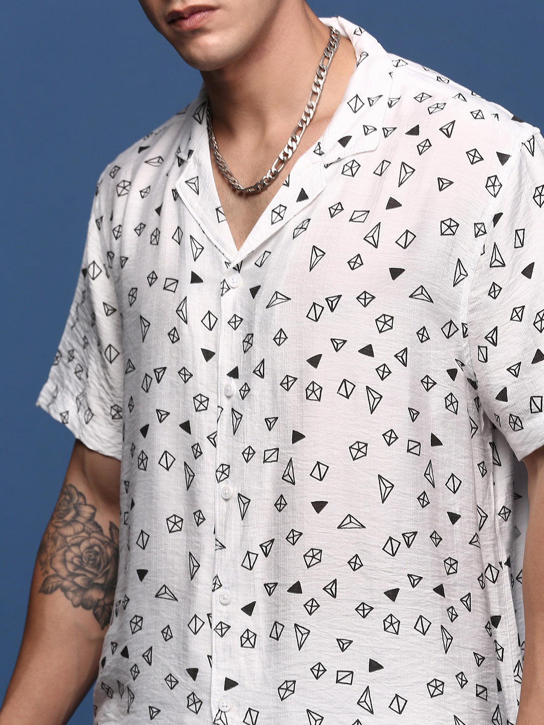 Men Printed Cuban Collar White Relaxed Fit Co-Ords Set