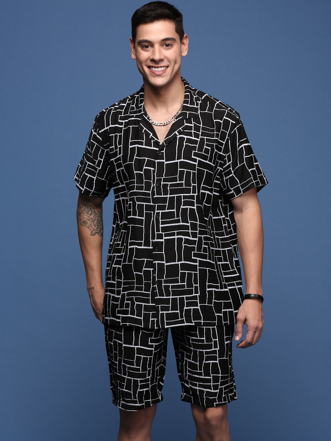 Men Printed Cuban Collar Black Relaxed Fit Co-Ords Set