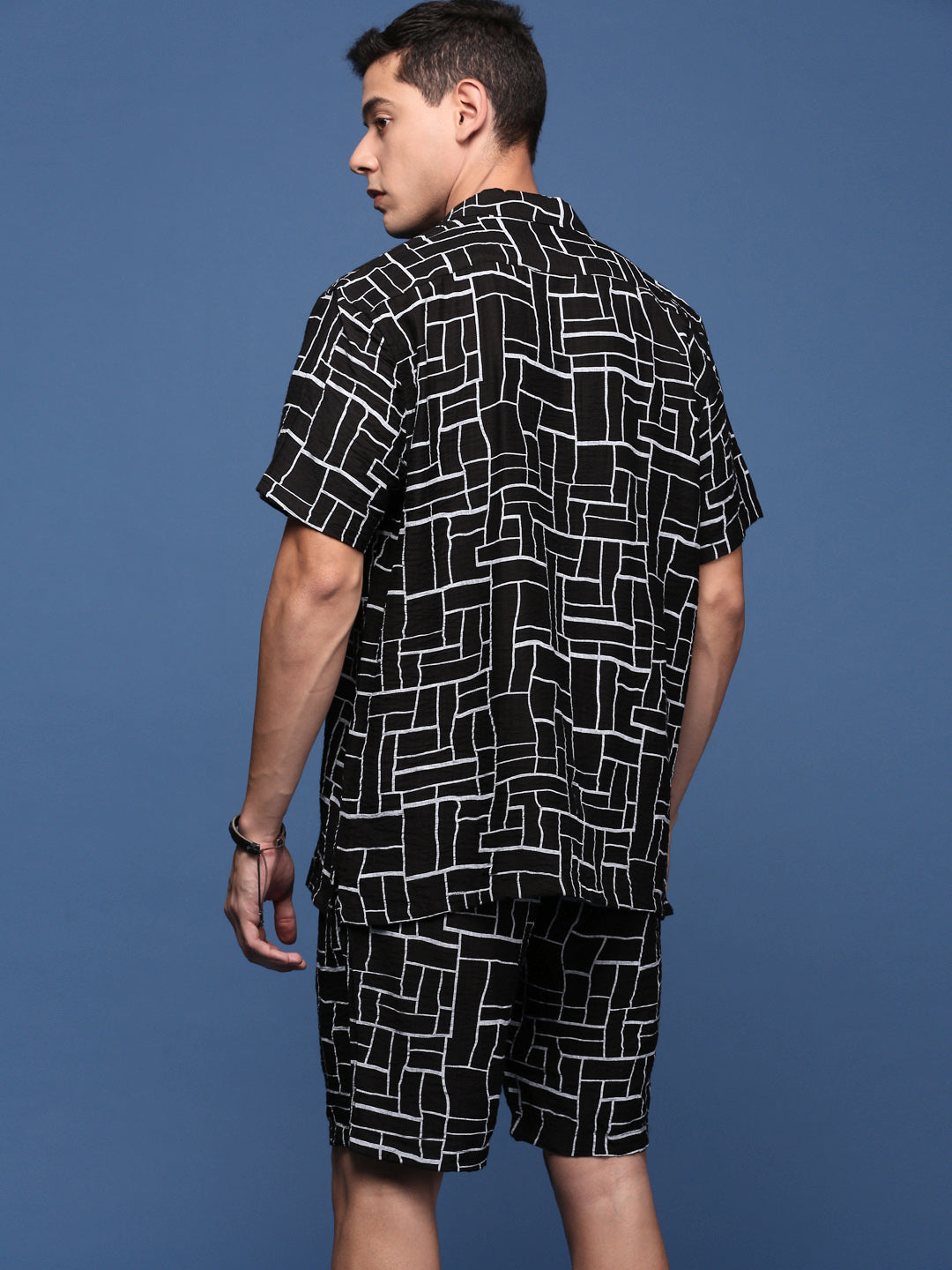 Men Printed Cuban Collar Black Relaxed Fit Co-Ords Set