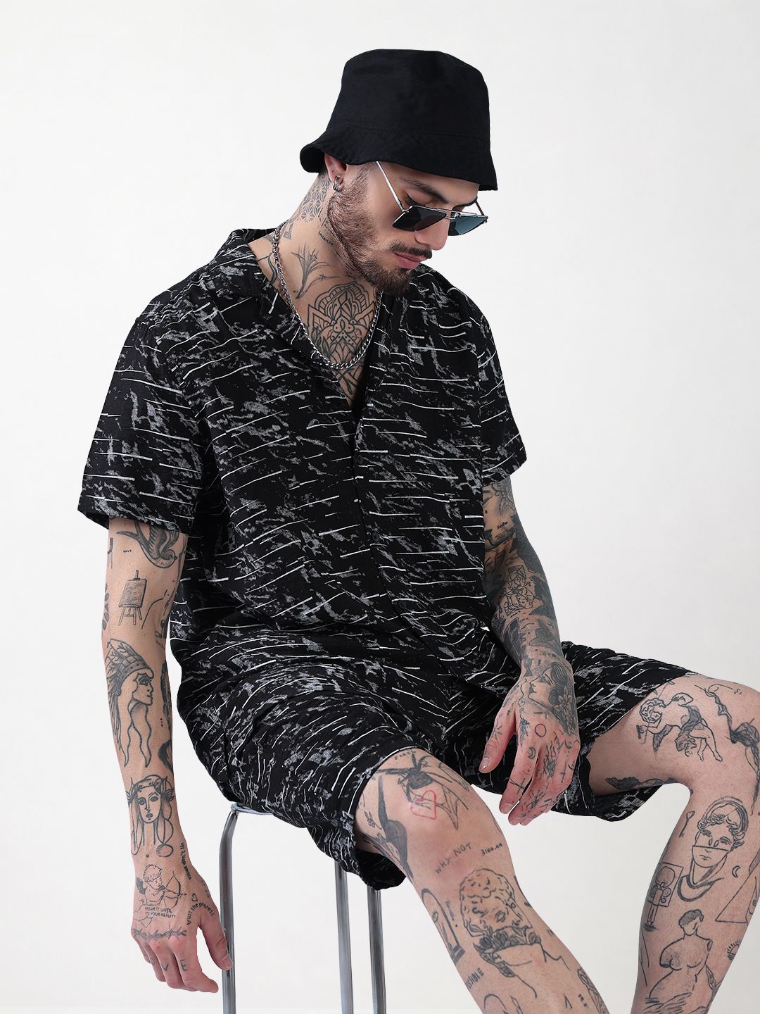 Men's Black Printed Cuban Collar Relaxed Fit Co-Ords Set