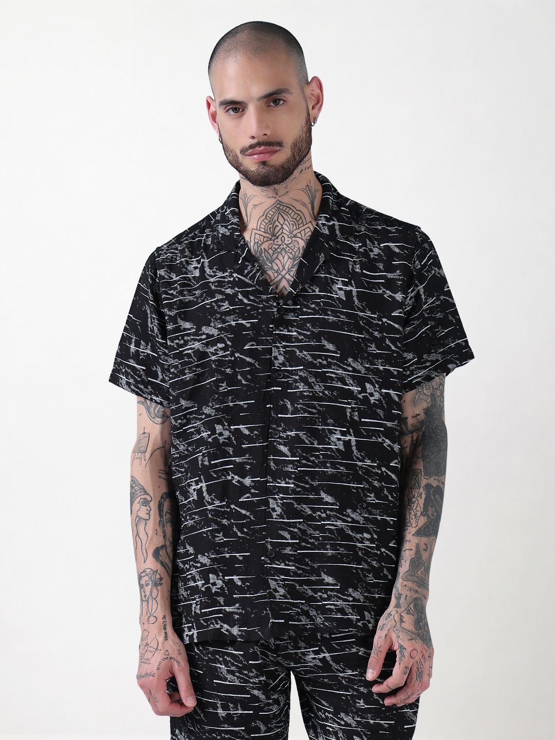 Men's Black Printed Cuban Collar Relaxed Fit Co-Ords Set