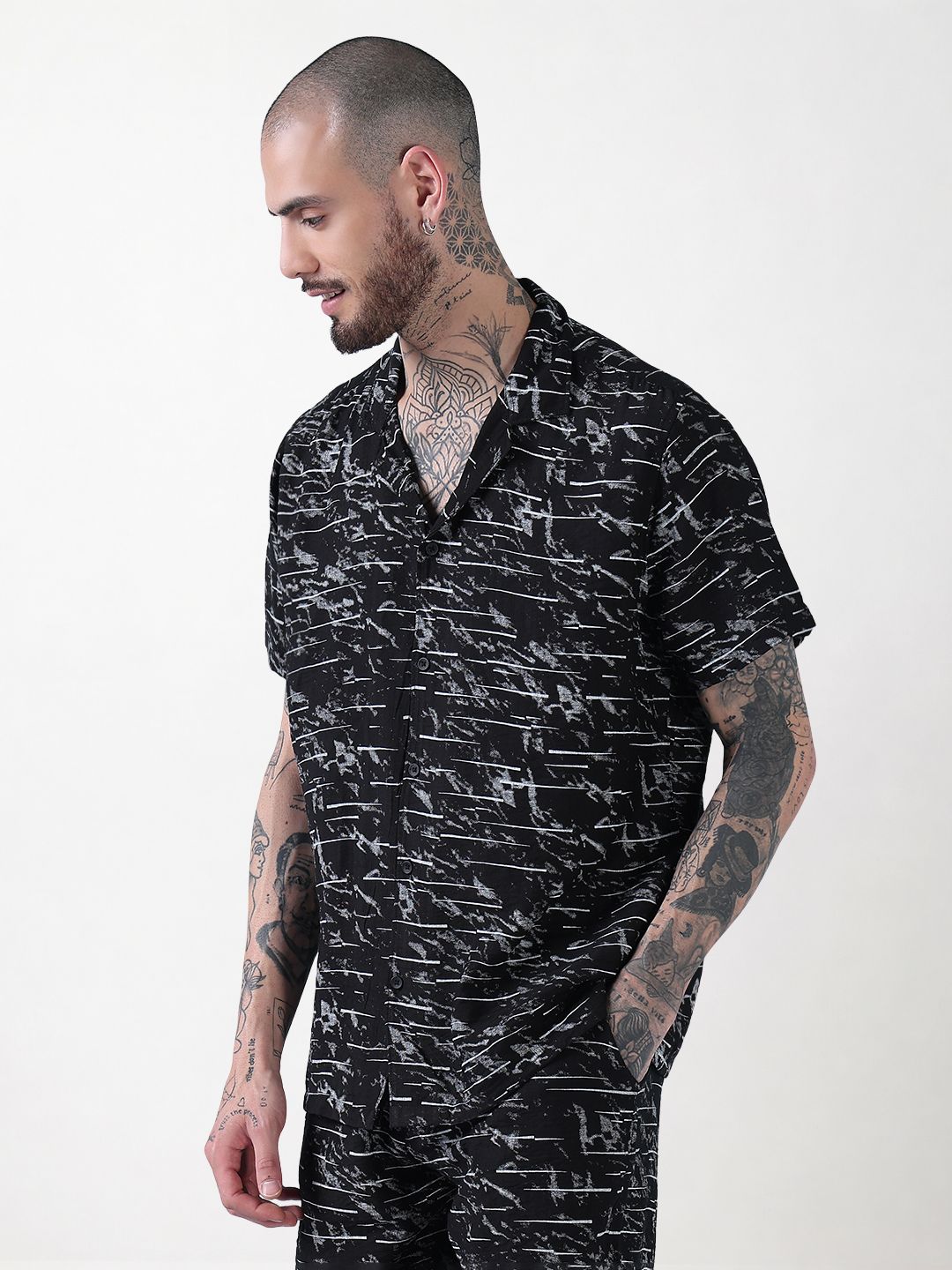 Men's Black Printed Cuban Collar Relaxed Fit Co-Ords Set
