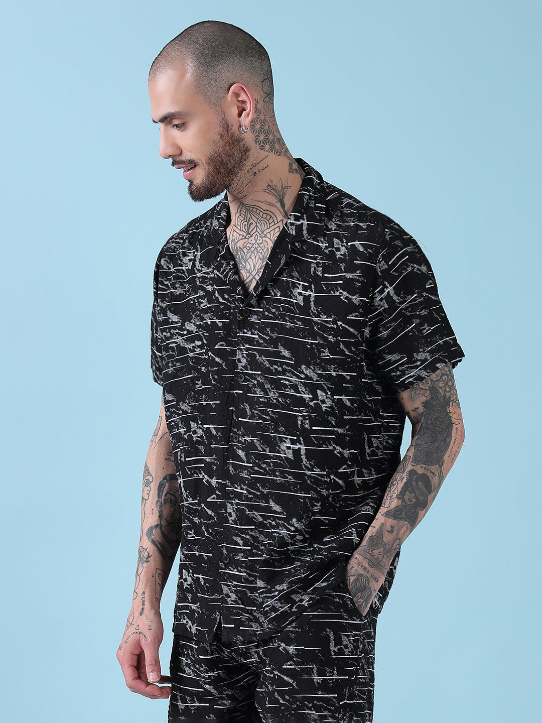 Men's Black Printed Cuban Collar Relaxed Fit Co-Ords Set