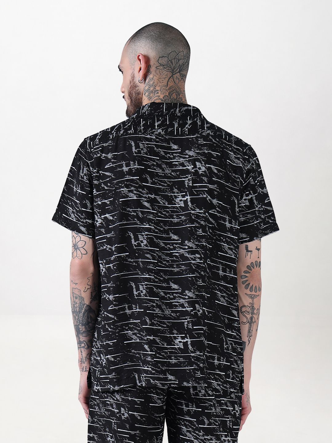 Men's Black Printed Cuban Collar Relaxed Fit Co-Ords Set