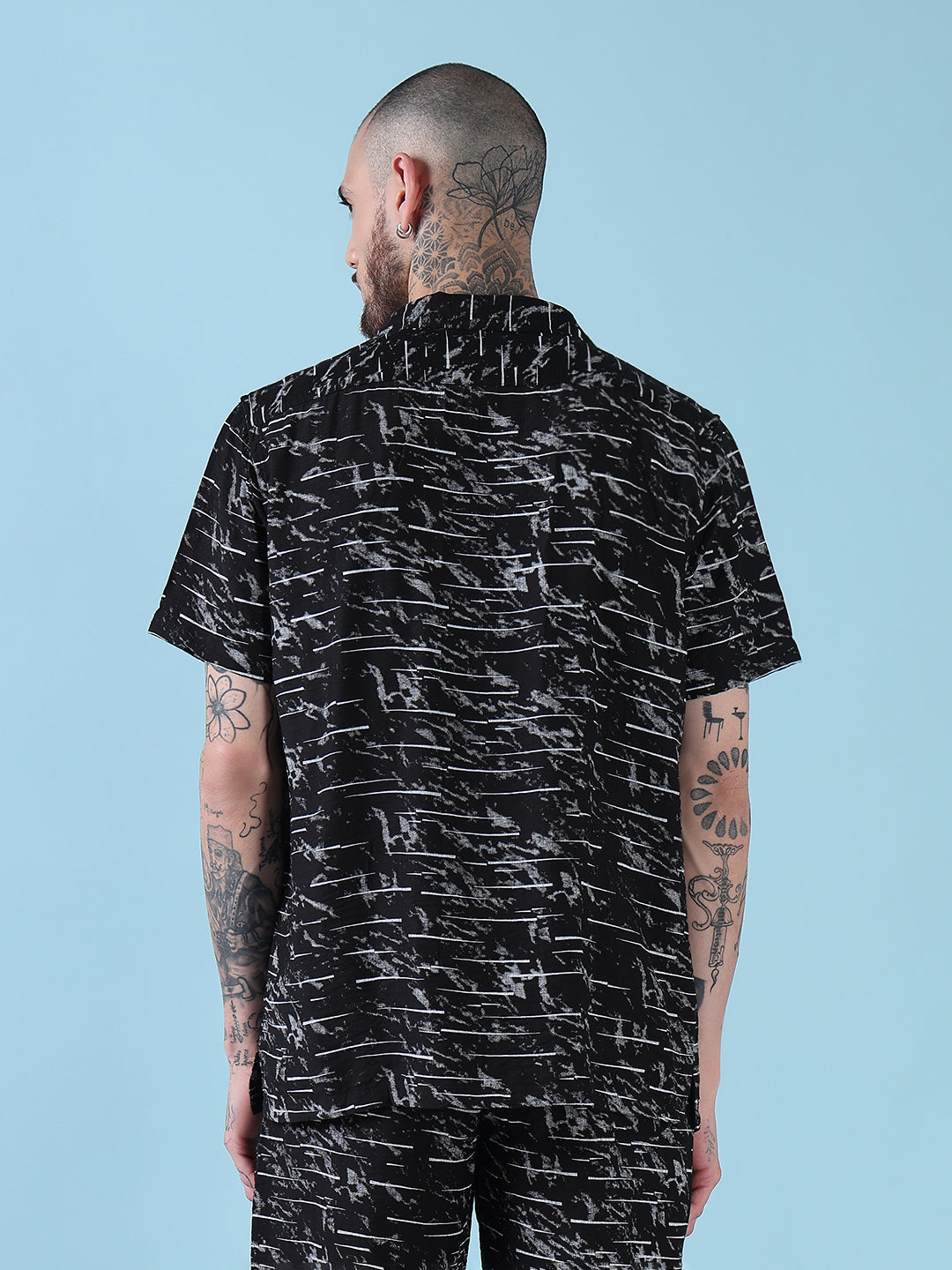 Men's Black Printed Cuban Collar Relaxed Fit Co-Ords Set