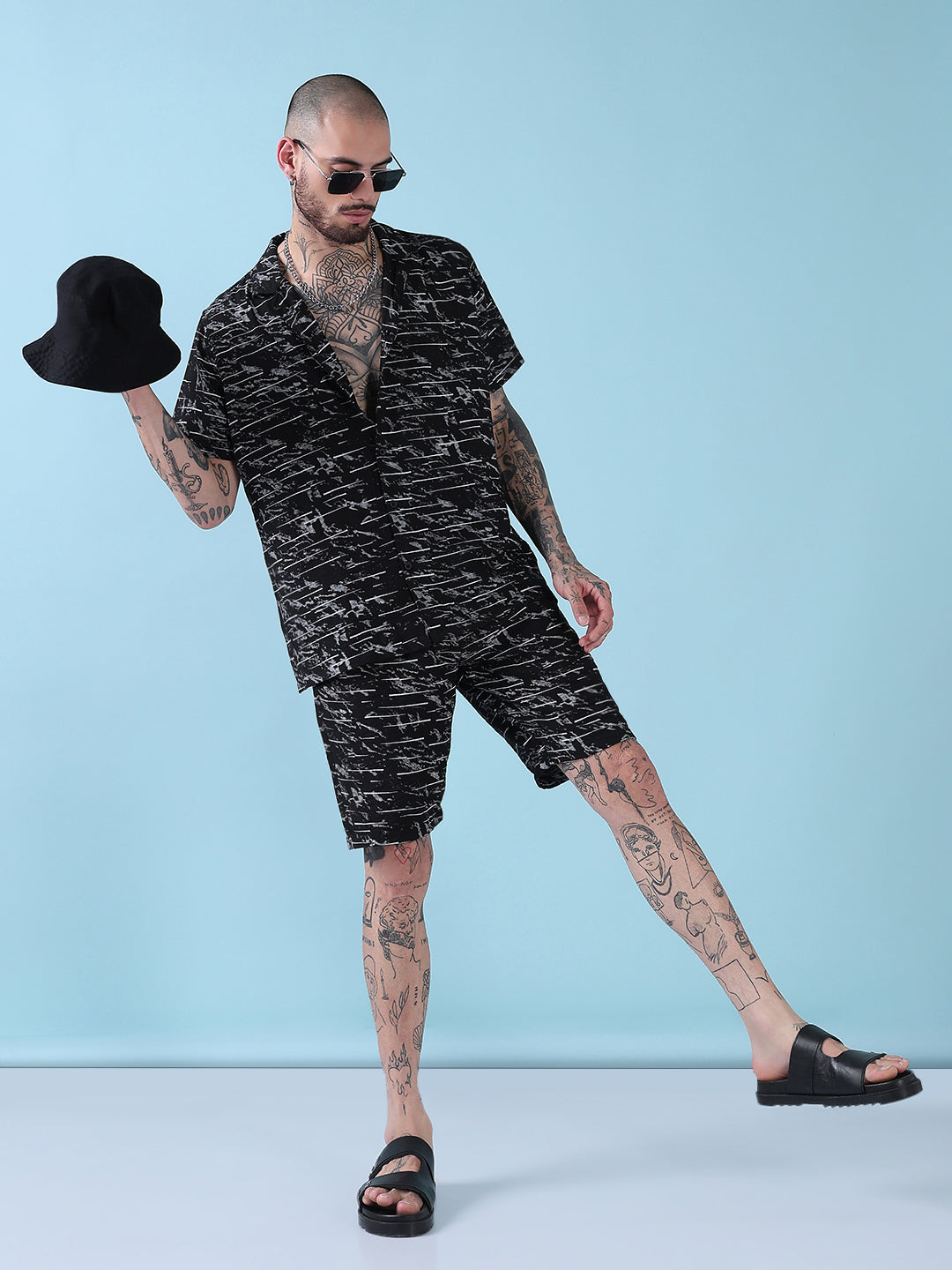 Men's Black Printed Cuban Collar Relaxed Fit Co-Ords Set