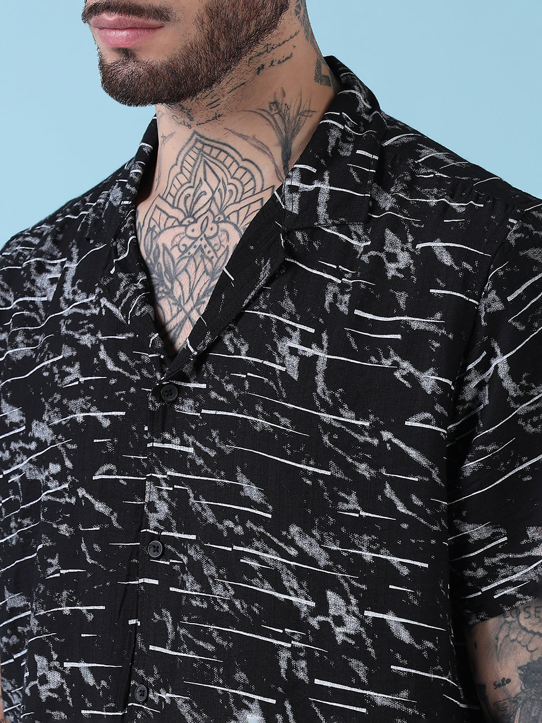 Men's Black Printed Cuban Collar Relaxed Fit Co-Ords Set