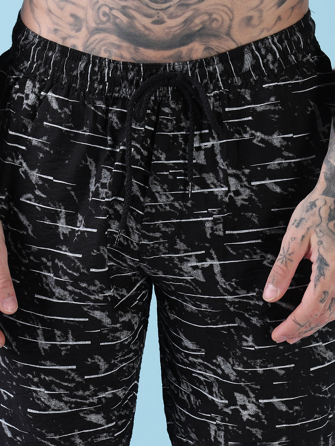 Men's Black Printed Cuban Collar Relaxed Fit Co-Ords Set