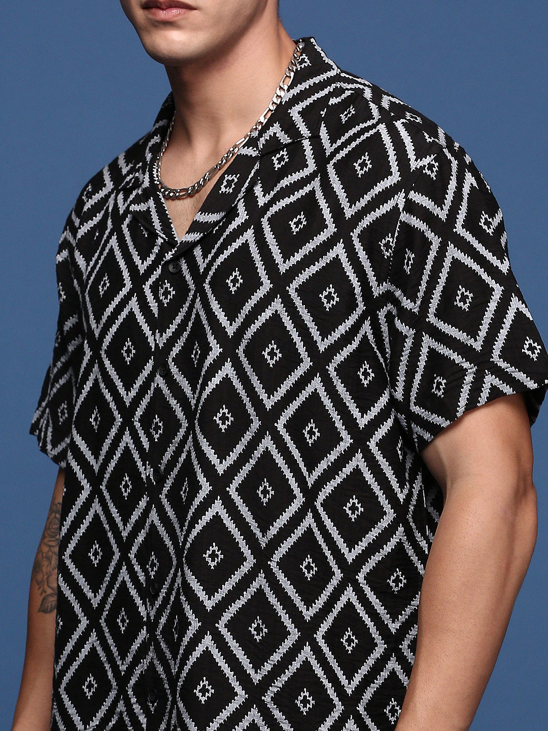 Men Printed Cuban Collar Black Relaxed Fit Co-Ords Set