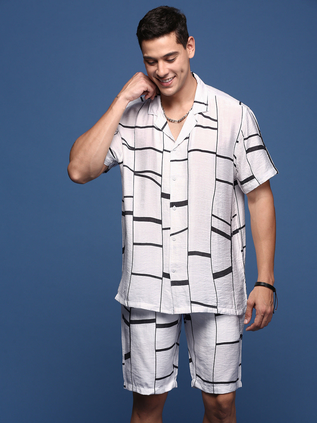 Men Printed Cuban Collar White Relaxed Fit Co-Ords Set