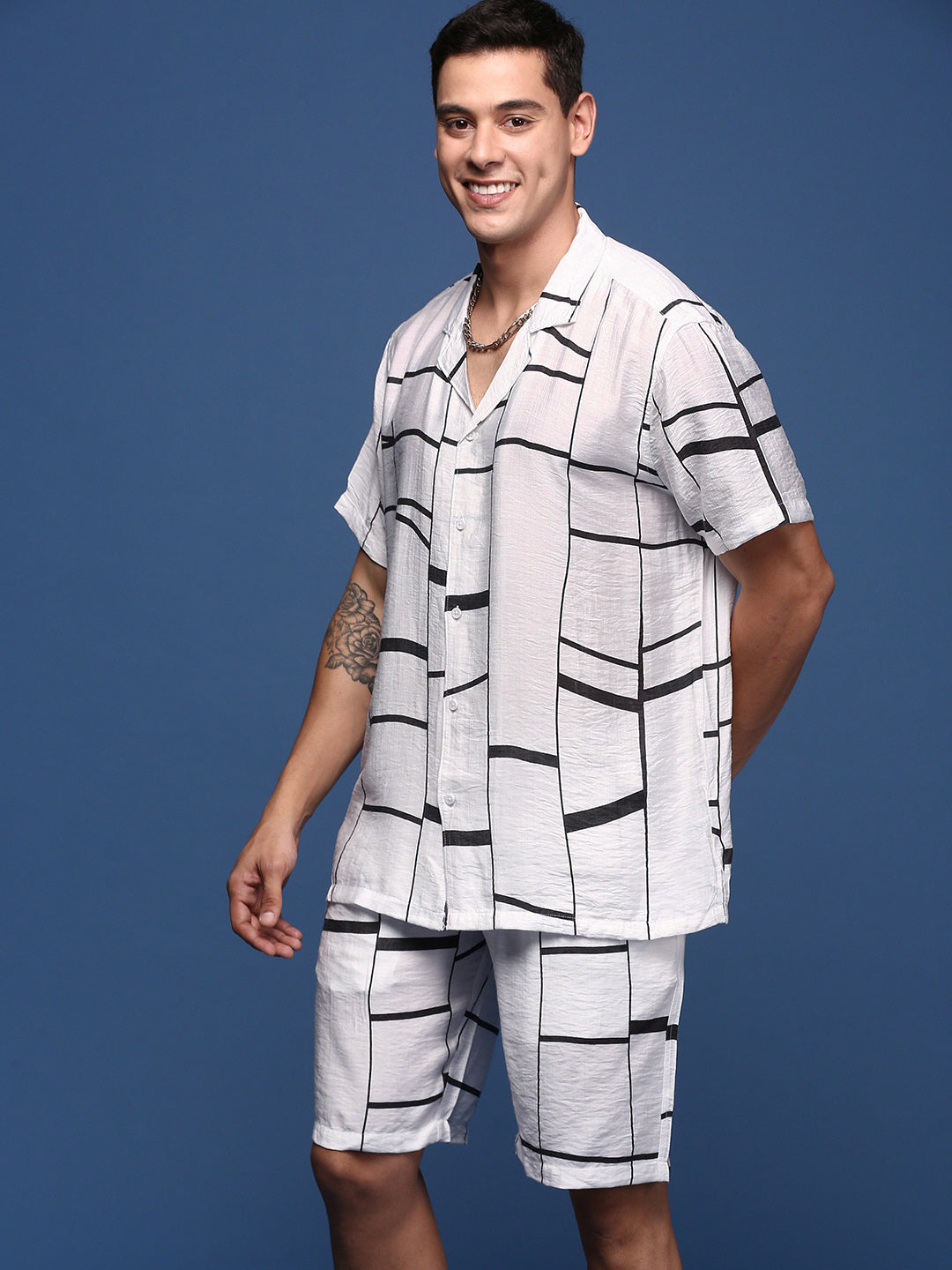 Men Printed Cuban Collar White Relaxed Fit Co-Ords Set