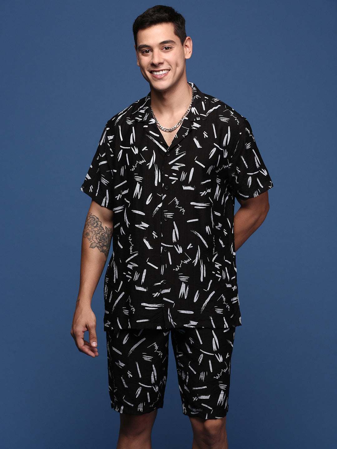 Men Printed Cuban Collar Black Relaxed Fit Co-Ords Set