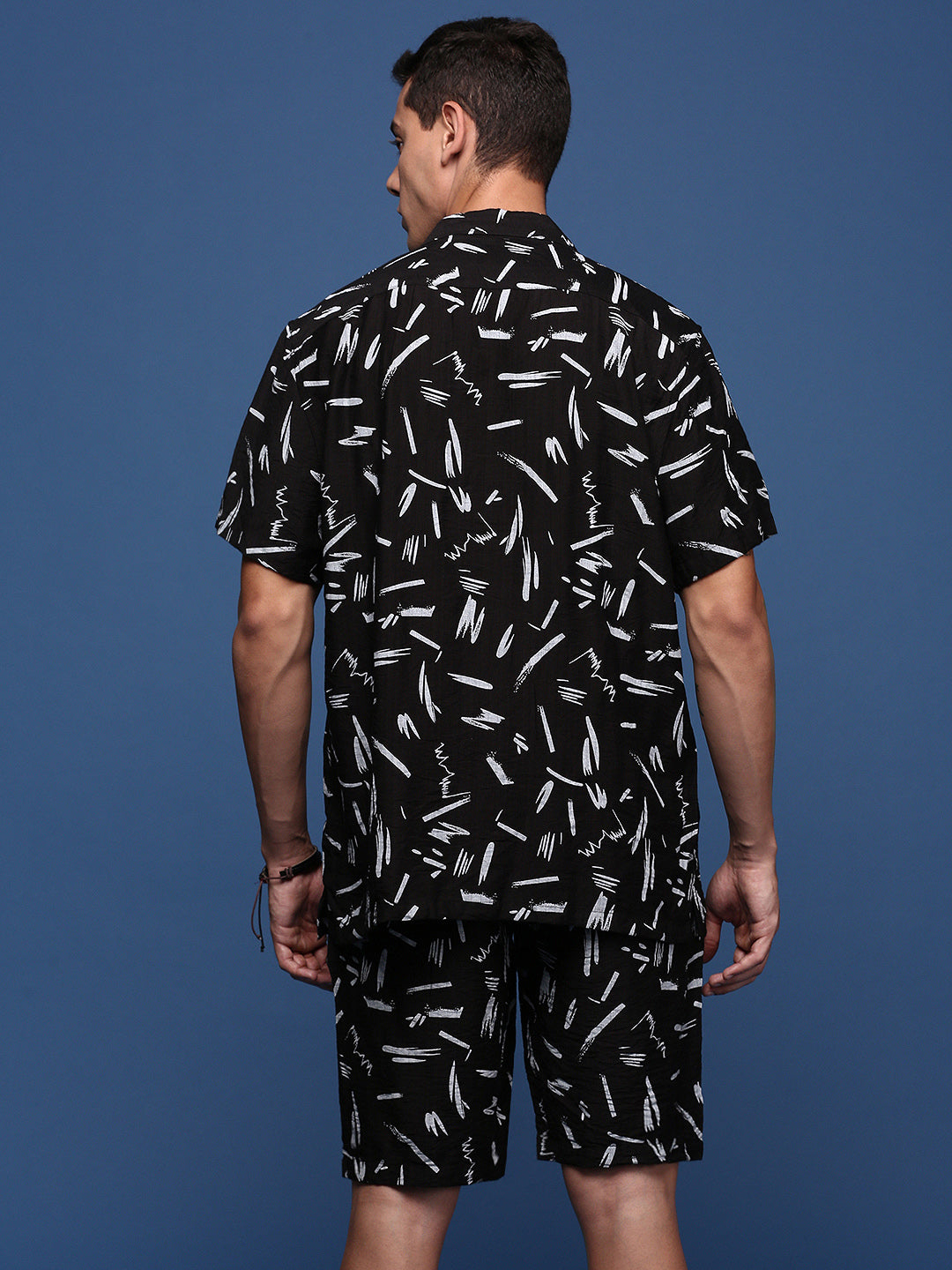 Men Printed Cuban Collar Black Relaxed Fit Co-Ords Set