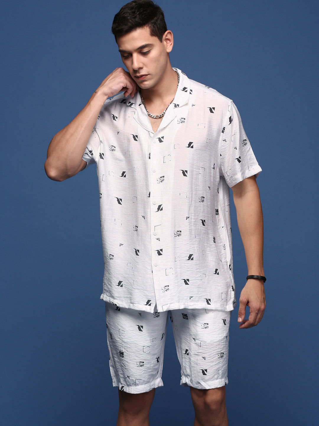 Men Printed Cuban Collar White Relaxed Fit Co-Ords Set