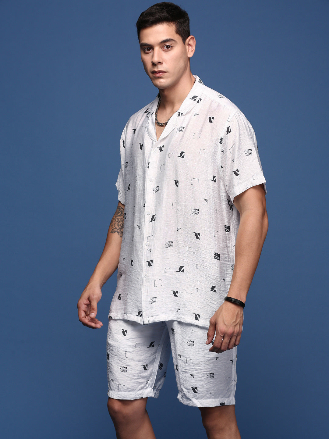 Men Printed Cuban Collar White Relaxed Fit Co-Ords Set