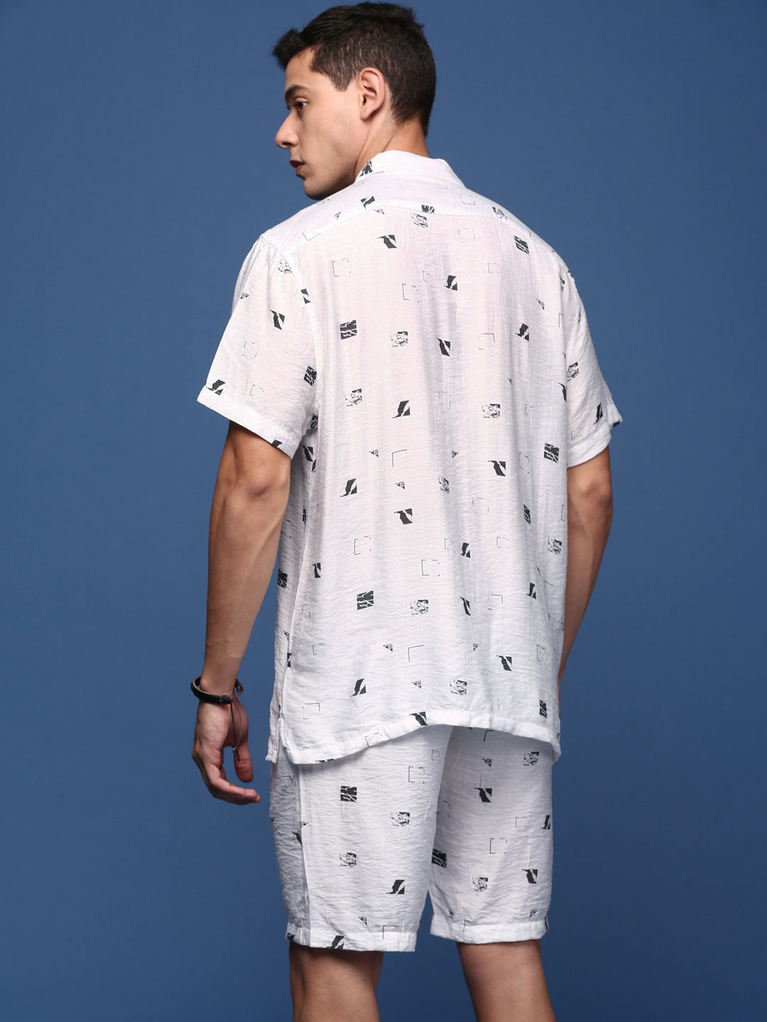 Men Printed Cuban Collar White Relaxed Fit Co-Ords Set