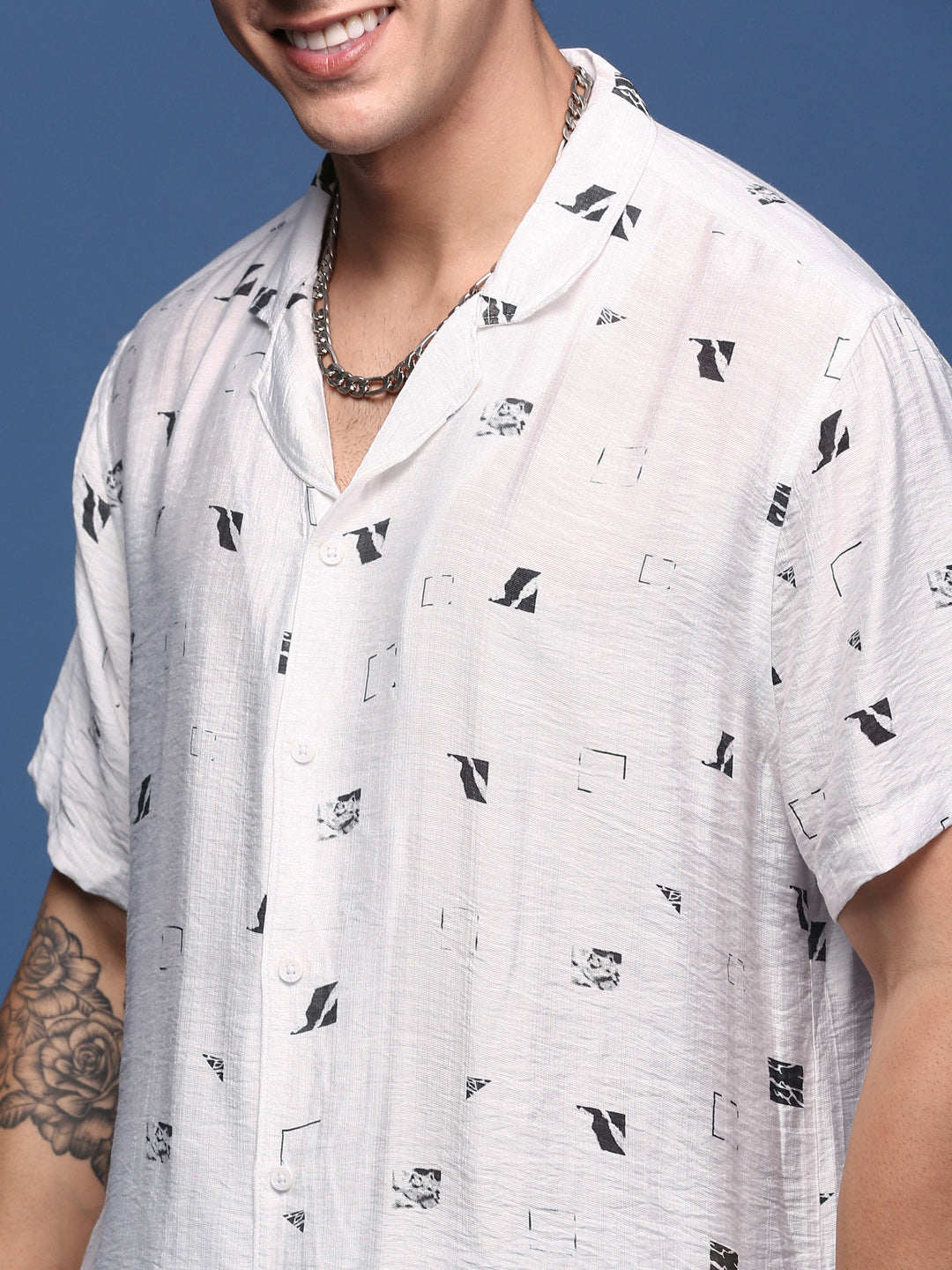 Men Printed Cuban Collar White Relaxed Fit Co-Ords Set