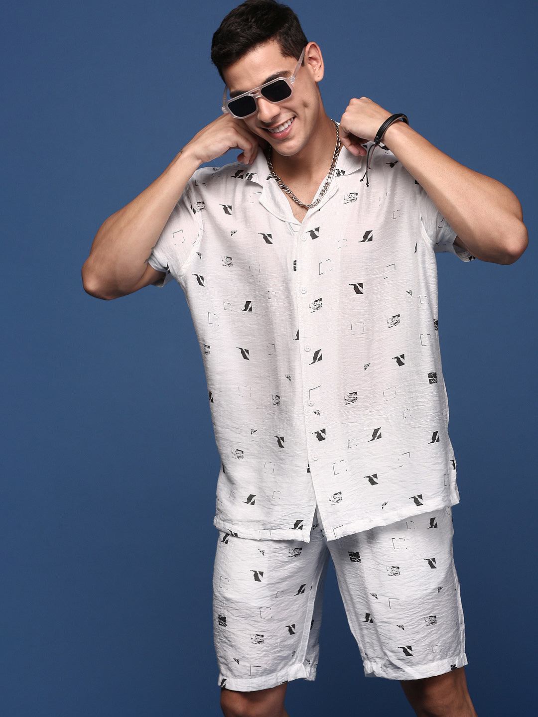 Men Printed Cuban Collar White Relaxed Fit Co-Ords Set