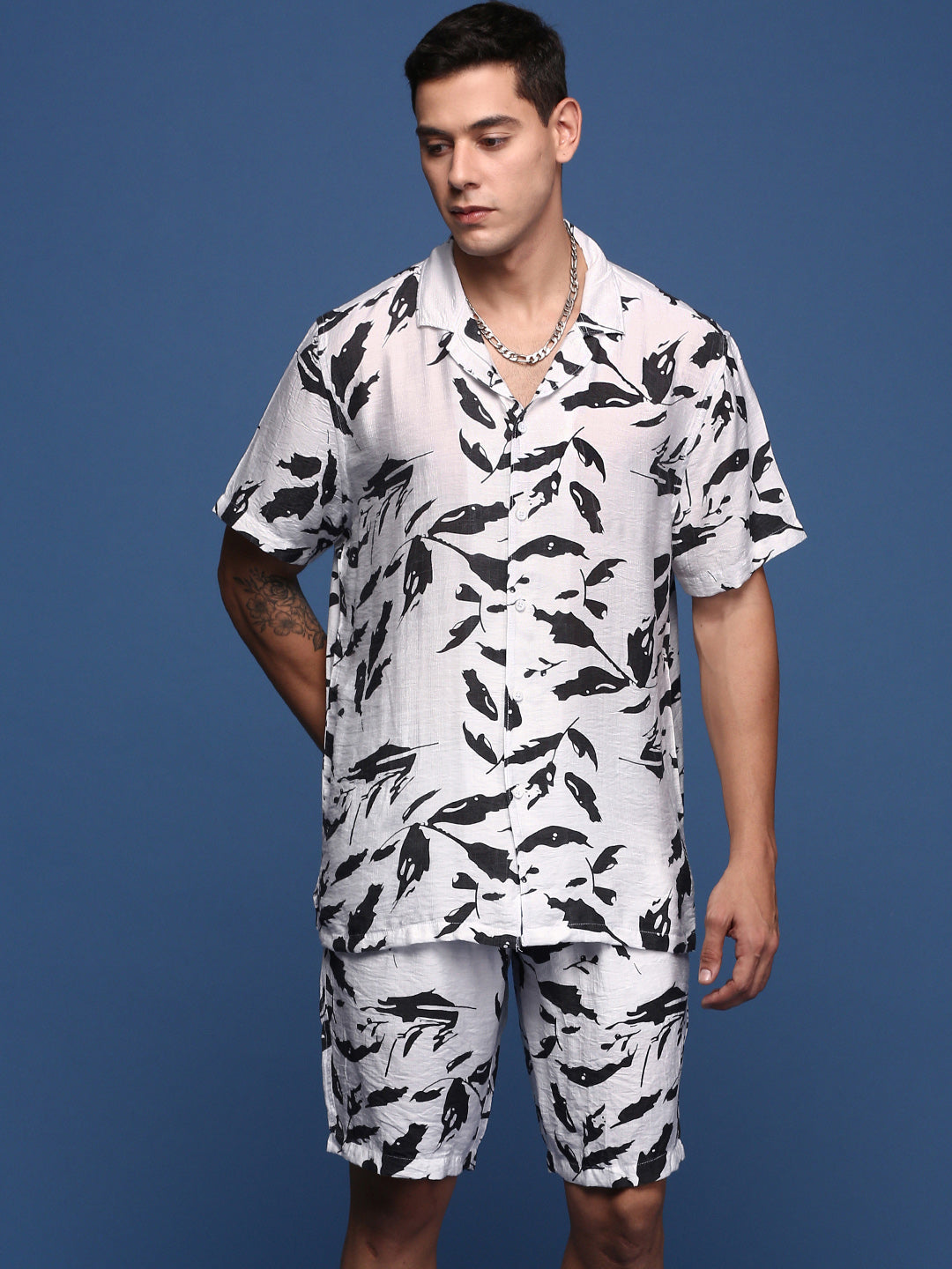 Men Printed Cuban Collar White Relaxed Fit Co-Ords Set