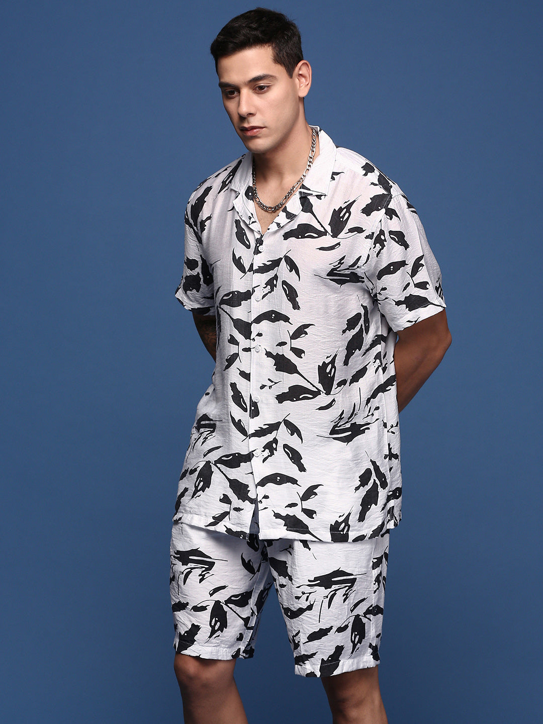 Men Printed Cuban Collar White Relaxed Fit Co-Ords Set