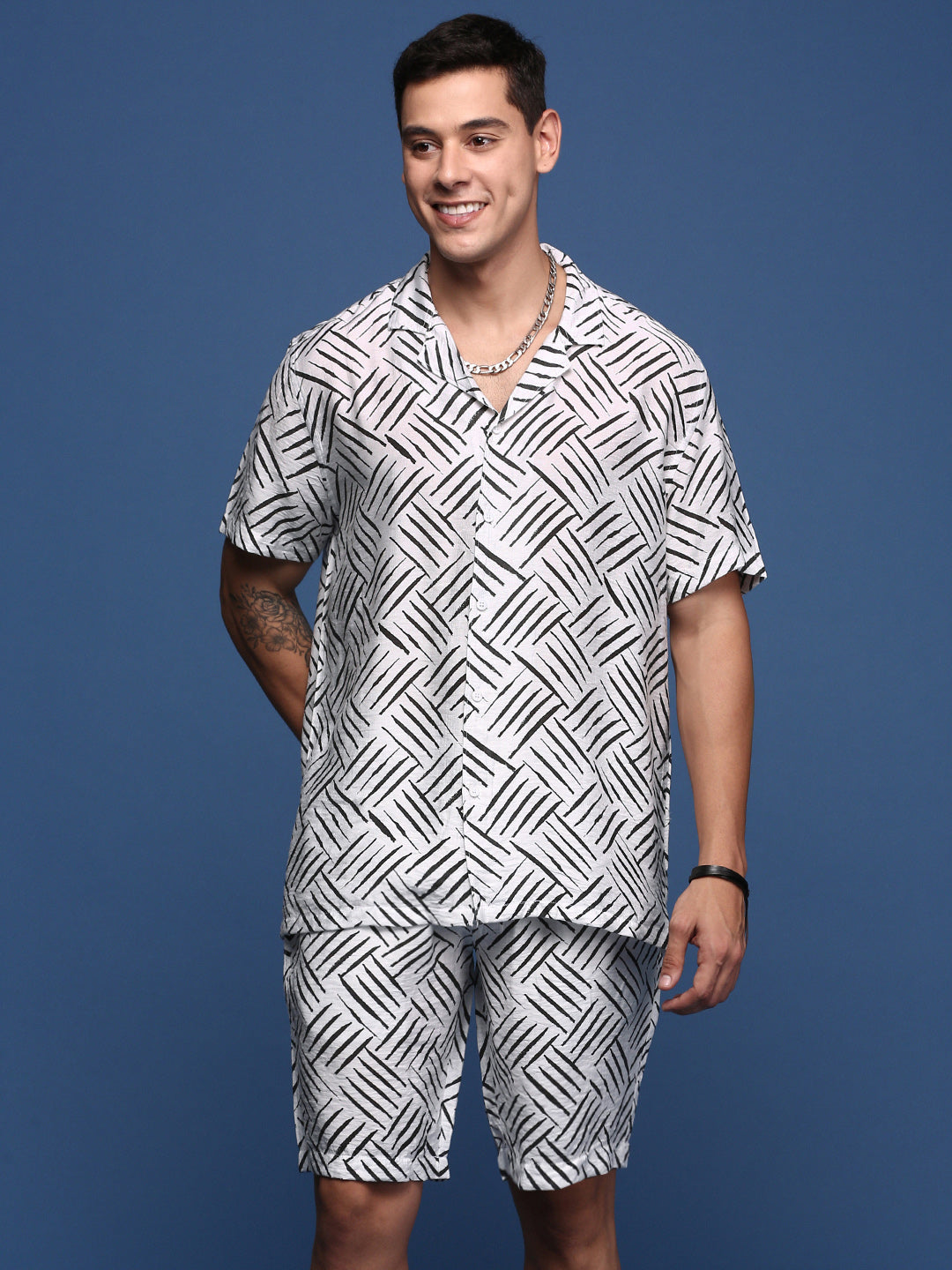 Men Printed Cuban Collar White Relaxed Fit Co-Ords Set