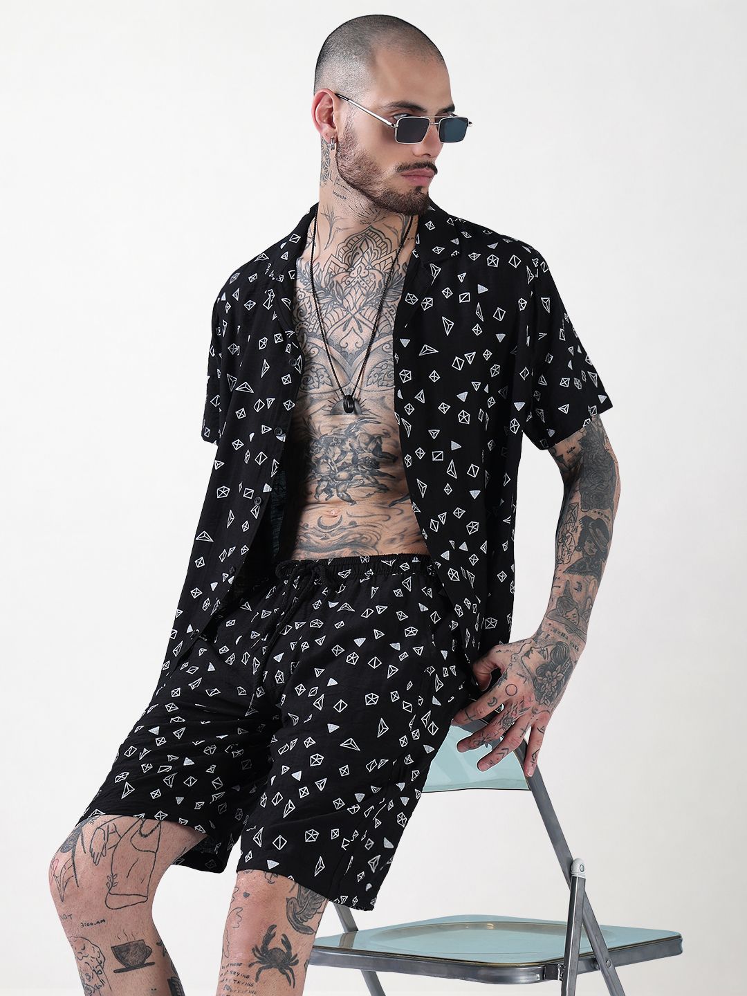 Men's Black Printed Cuban Collar Relaxed Fit Co-Ords Set