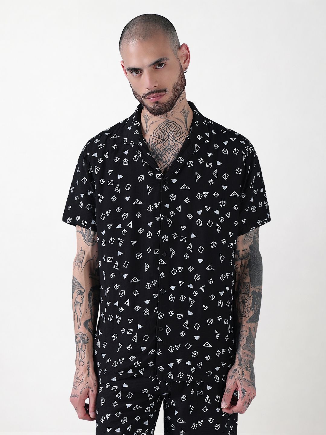 Men's Black Printed Cuban Collar Relaxed Fit Co-Ords Set