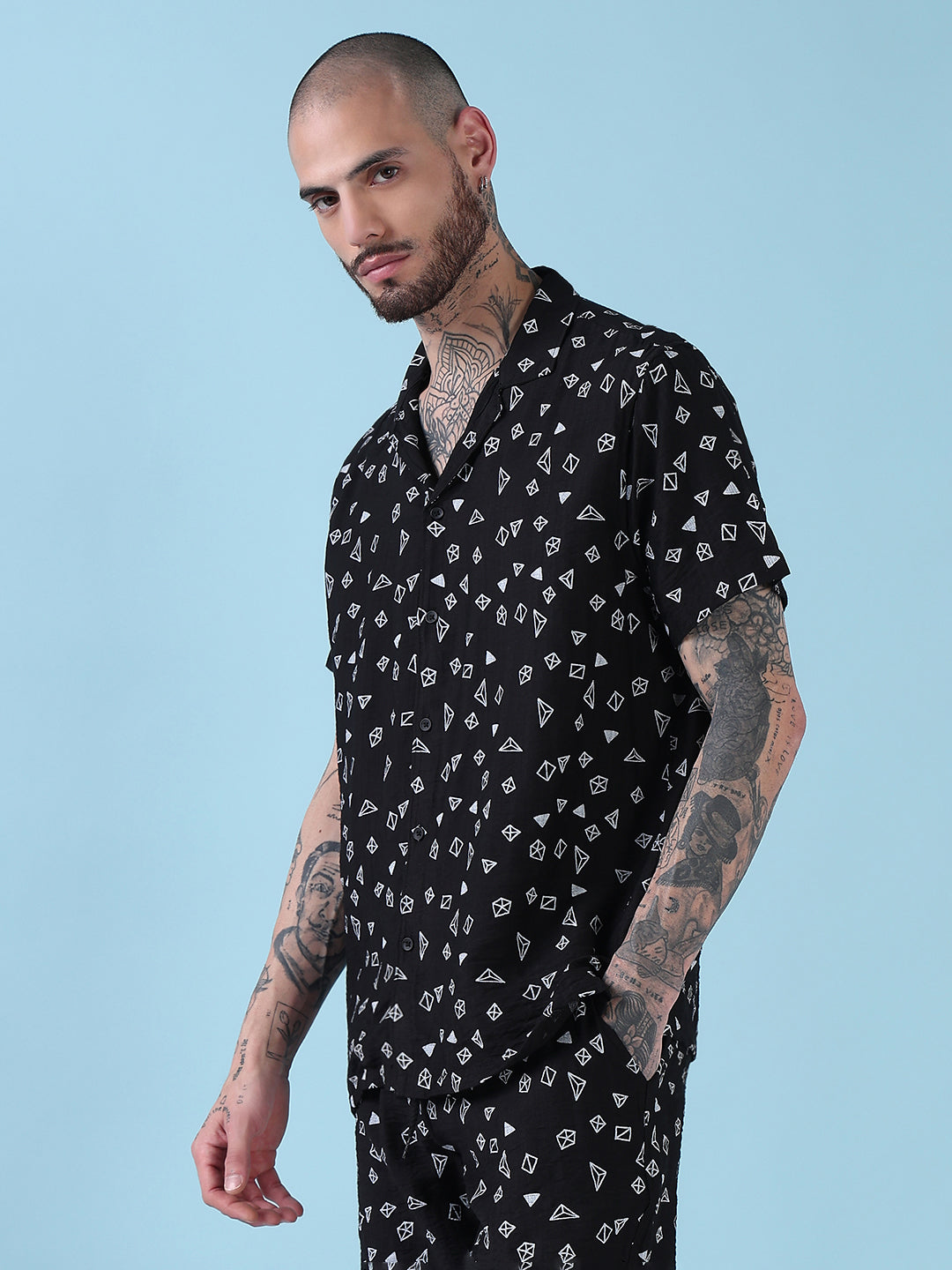 Men's Black Printed Cuban Collar Relaxed Fit Co-Ords Set