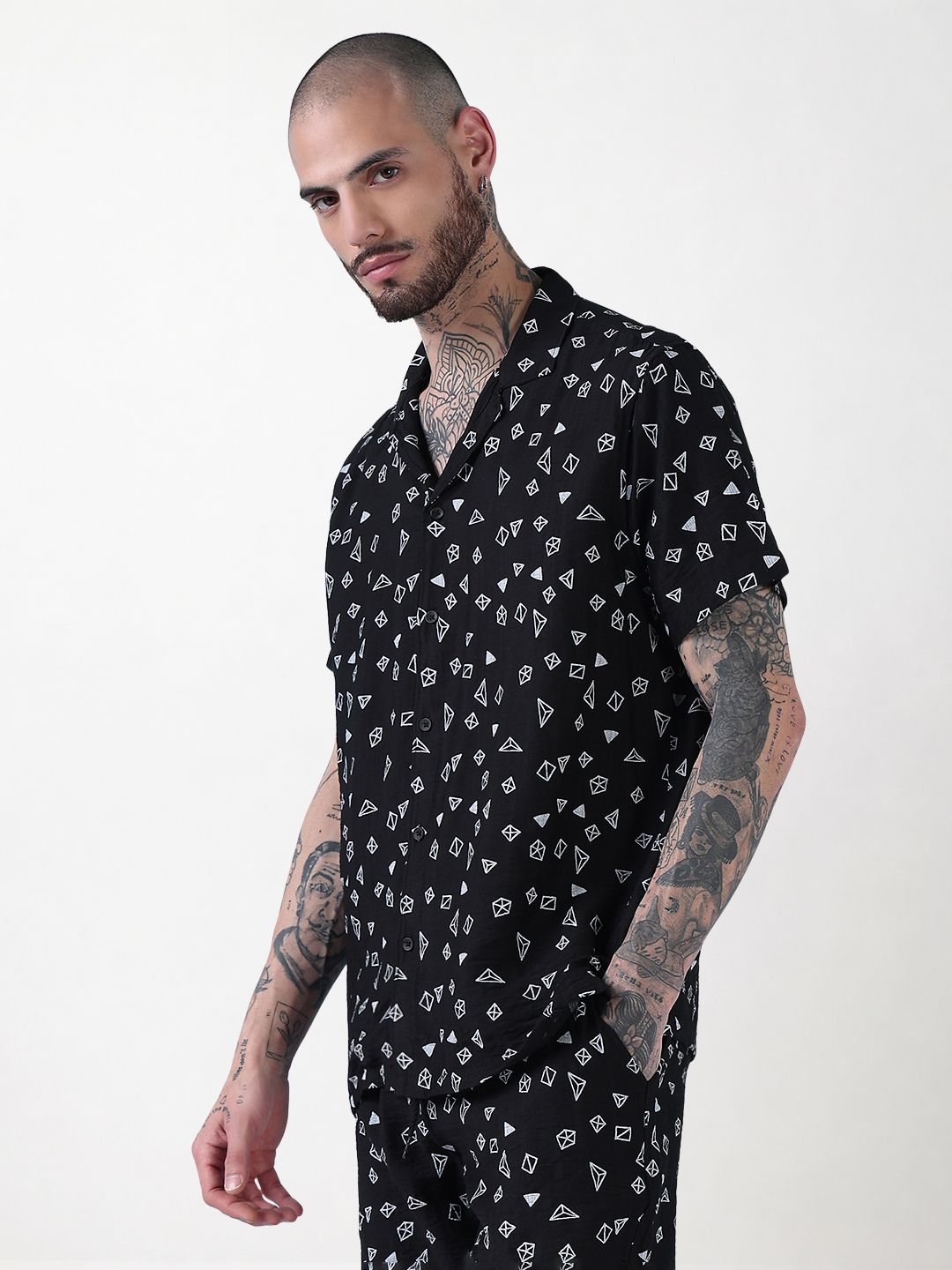 Men's Black Printed Cuban Collar Relaxed Fit Co-Ords Set
