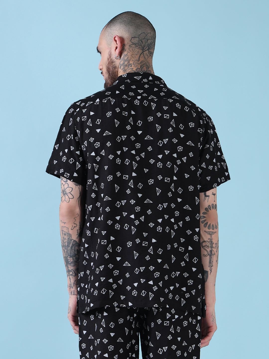 Men's Black Printed Cuban Collar Relaxed Fit Co-Ords Set