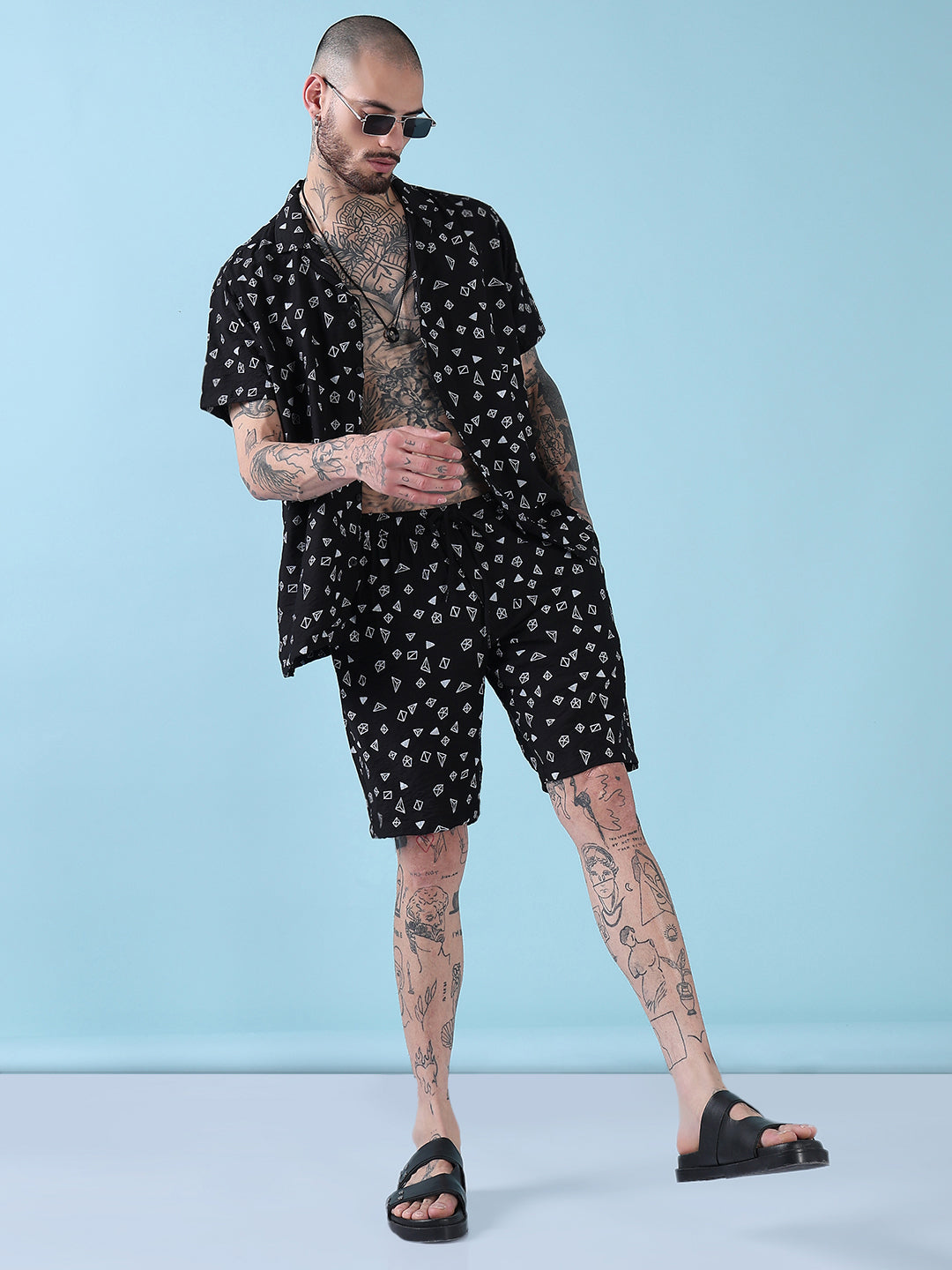 Men's Black Printed Cuban Collar Relaxed Fit Co-Ords Set