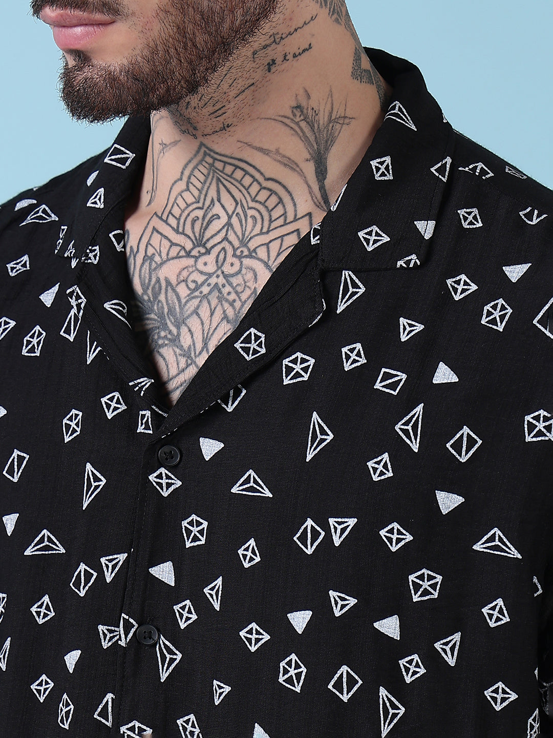 Men's Black Printed Cuban Collar Relaxed Fit Co-Ords Set