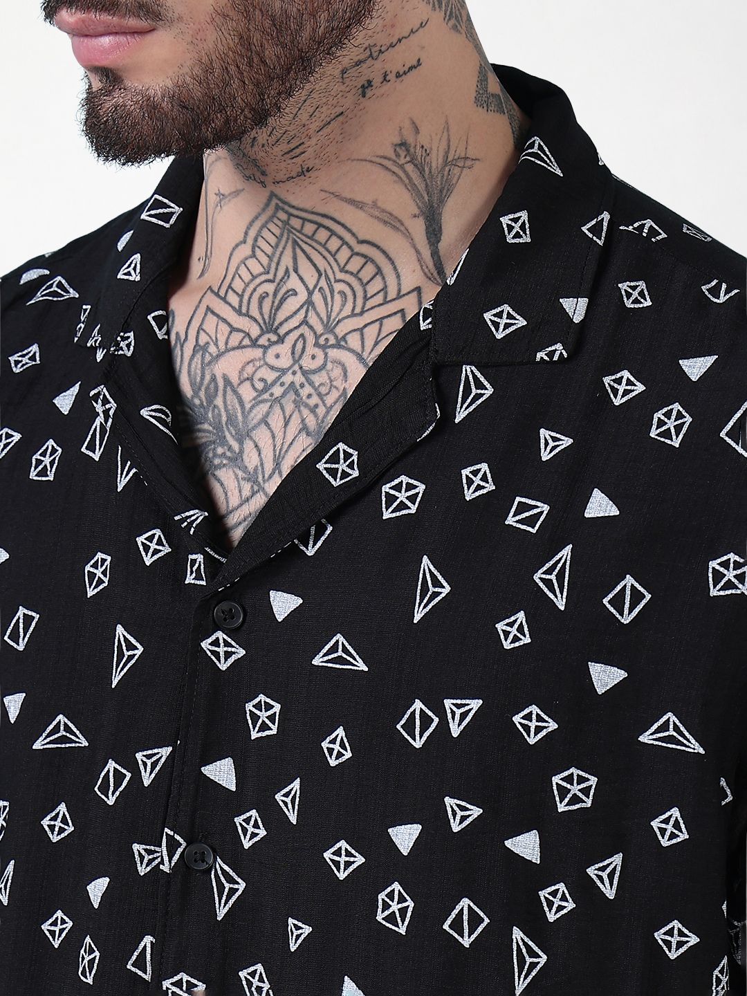 Men's Black Printed Cuban Collar Relaxed Fit Co-Ords Set