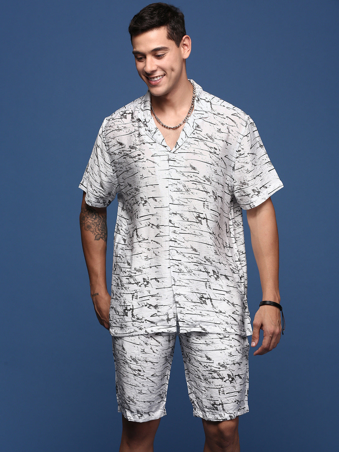 Men Printed Cuban Collar White Relaxed Fit Co-Ords Set