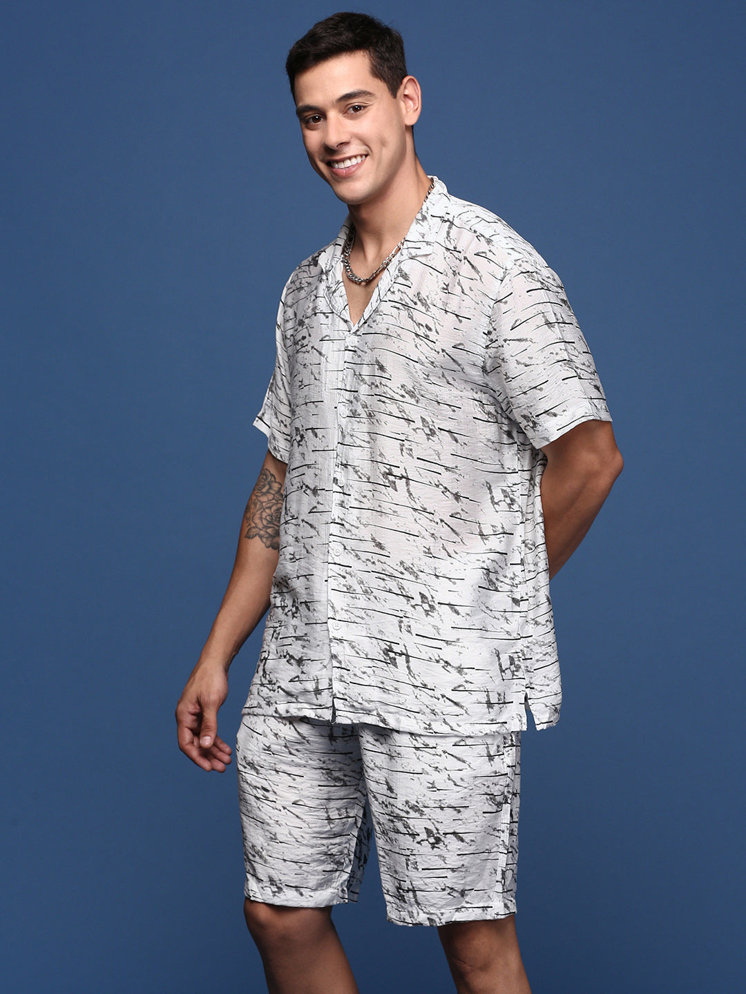 Men Printed Cuban Collar White Relaxed Fit Co-Ords Set