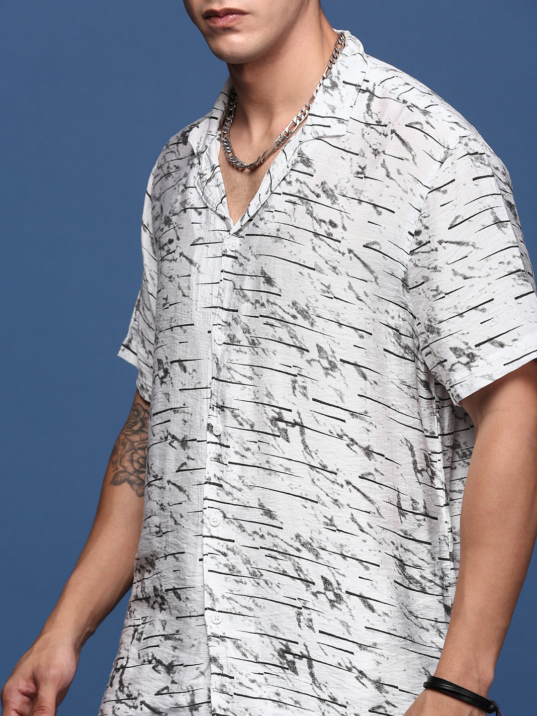 Men Printed Cuban Collar White Relaxed Fit Co-Ords Set