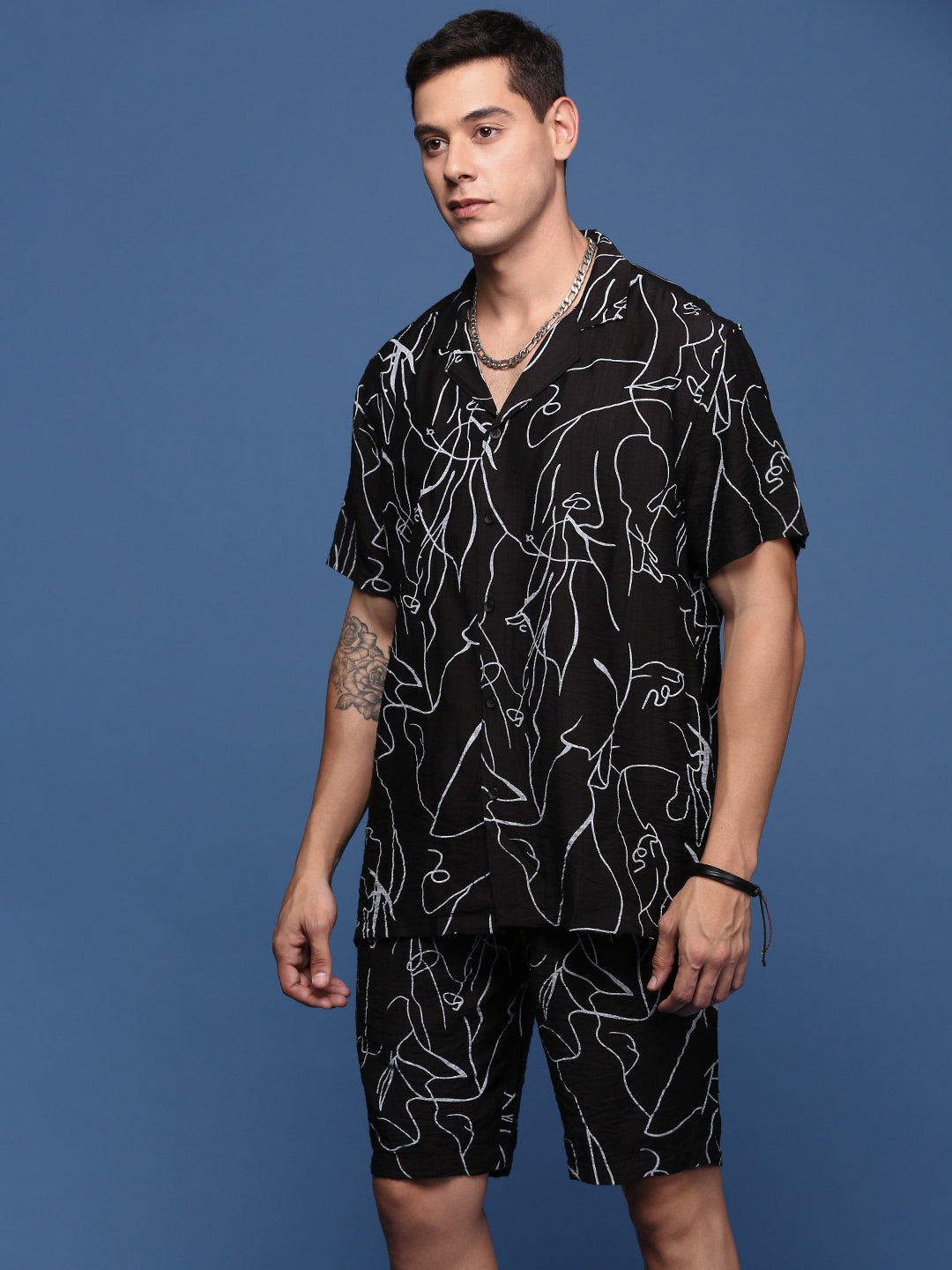 Men Printed Cuban Collar Black Relaxed Fit Co-Ords Set