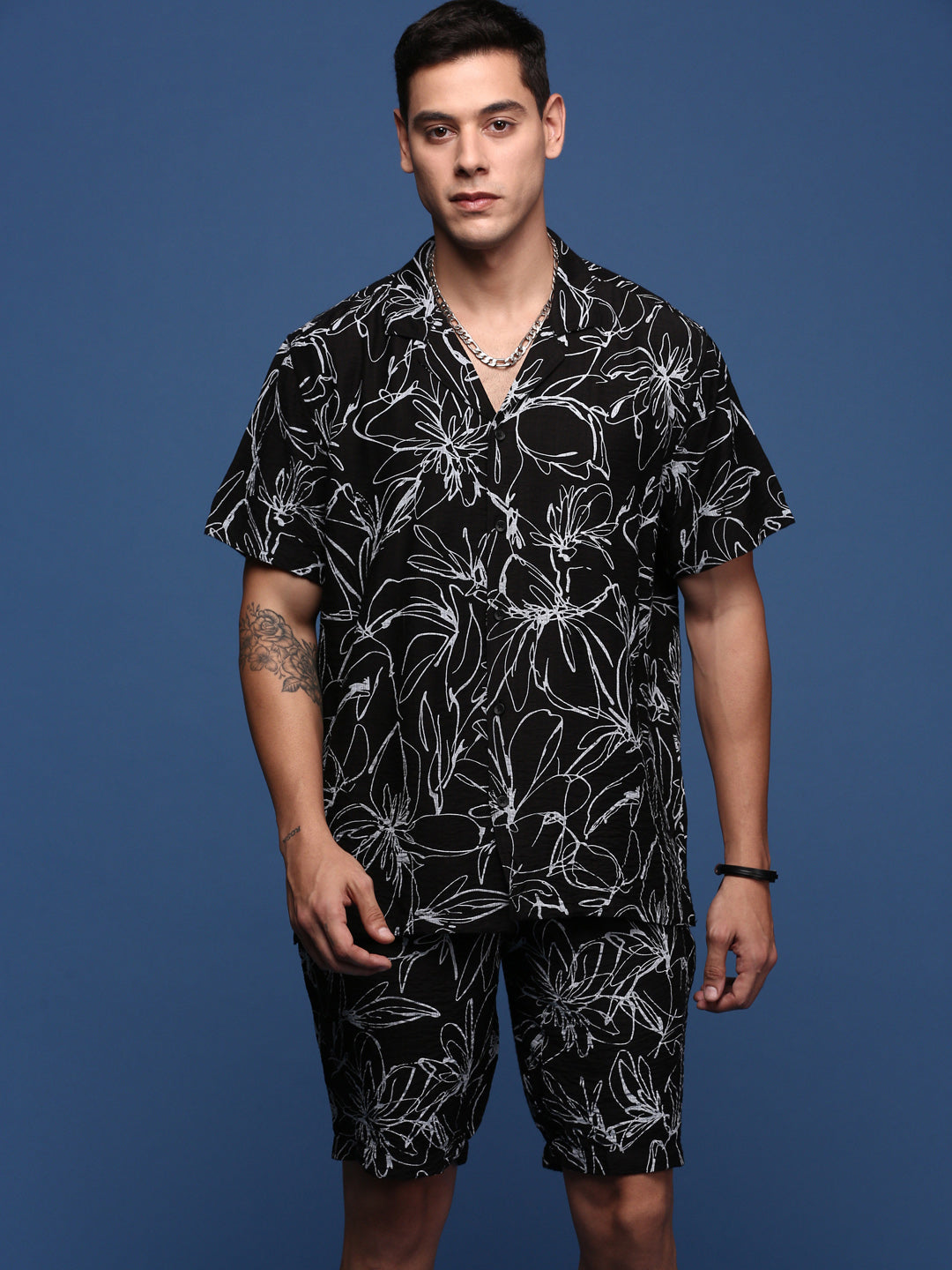 Men Printed Cuban Collar Black Relaxed Fit Co-Ords Set