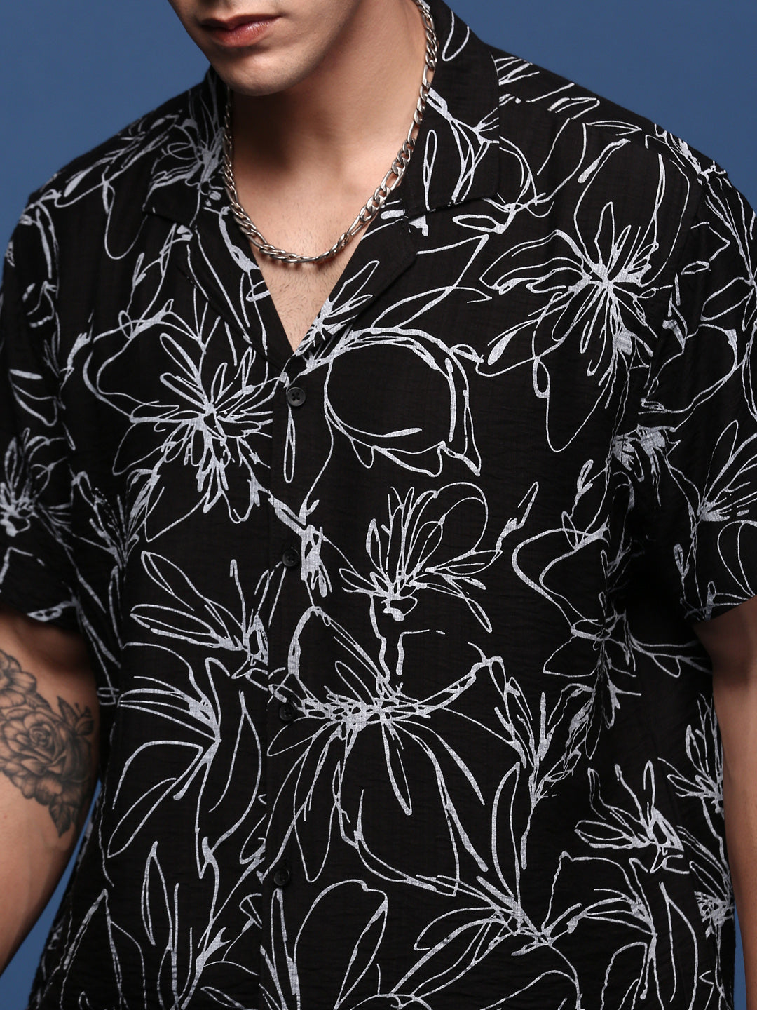 Men Printed Cuban Collar Black Relaxed Fit Co-Ords Set