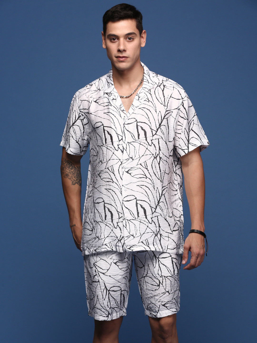 Men Printed Cuban Collar White Relaxed Fit Co-Ords Set