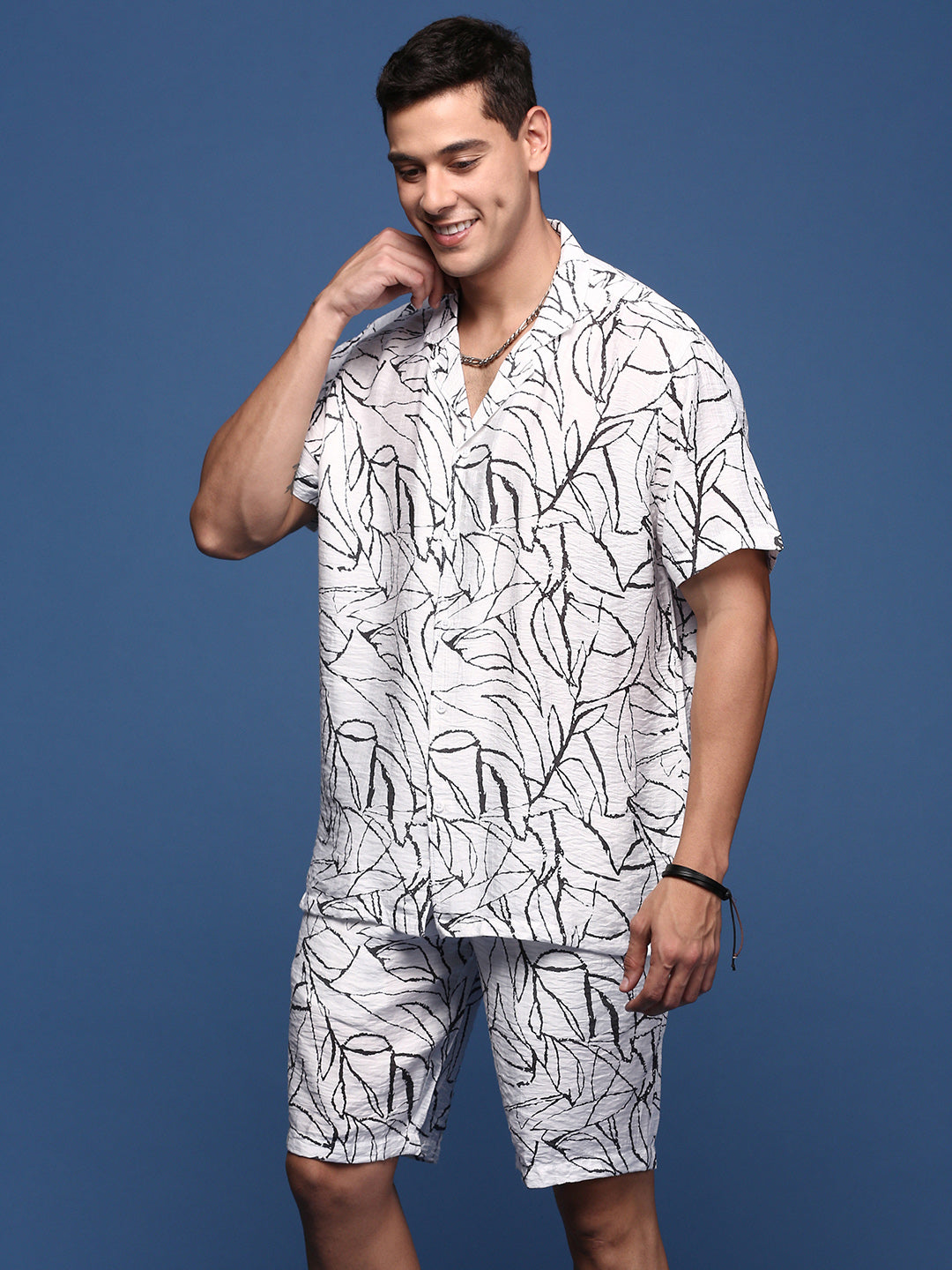 Men Printed Cuban Collar White Relaxed Fit Co-Ords Set