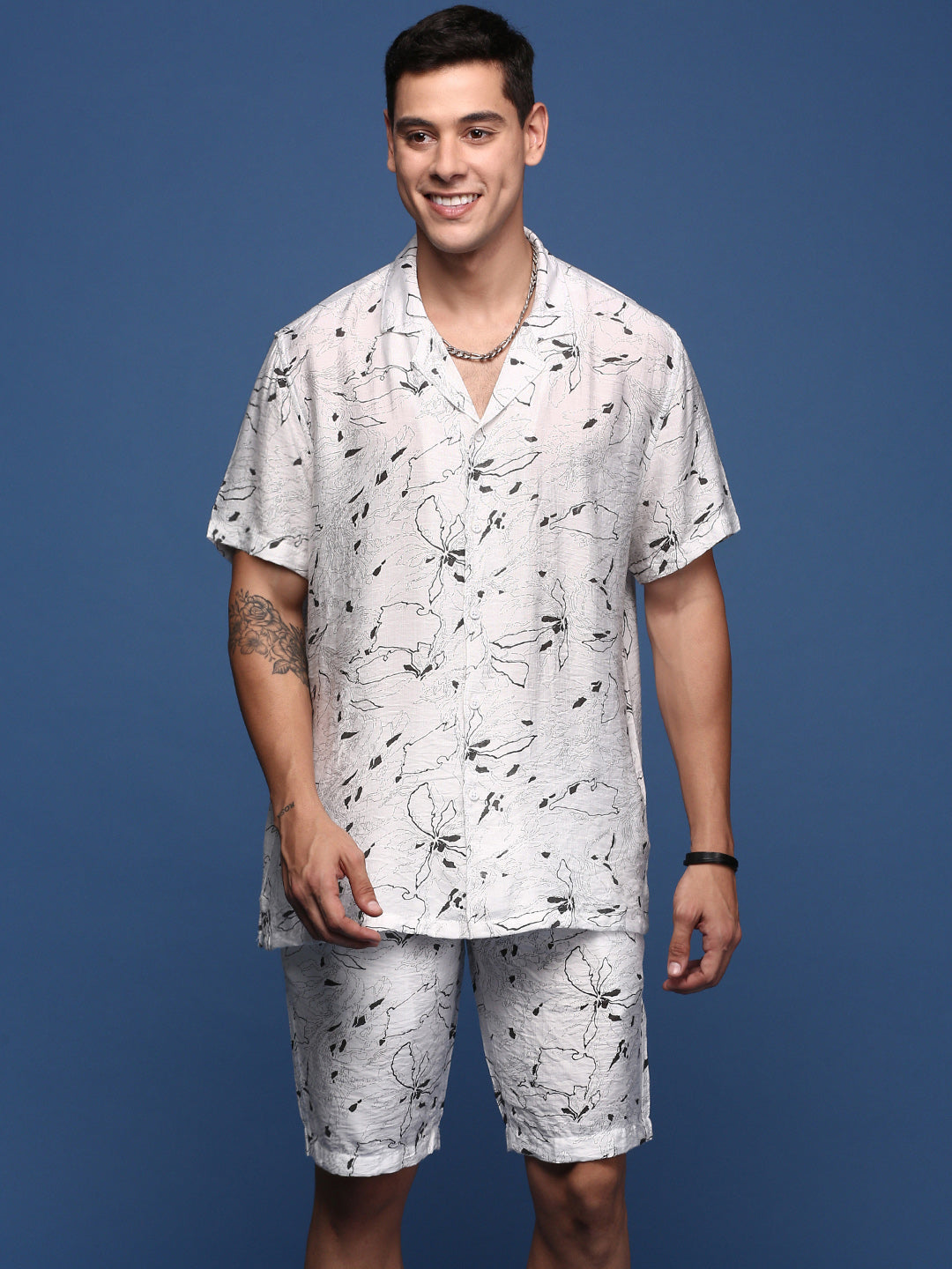 Men Printed Cuban Collar White Relaxed Fit Co-Ords Set