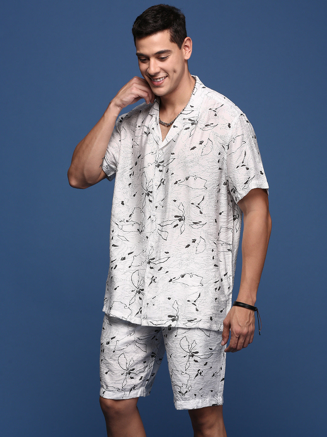 Men Printed Cuban Collar White Relaxed Fit Co-Ords Set