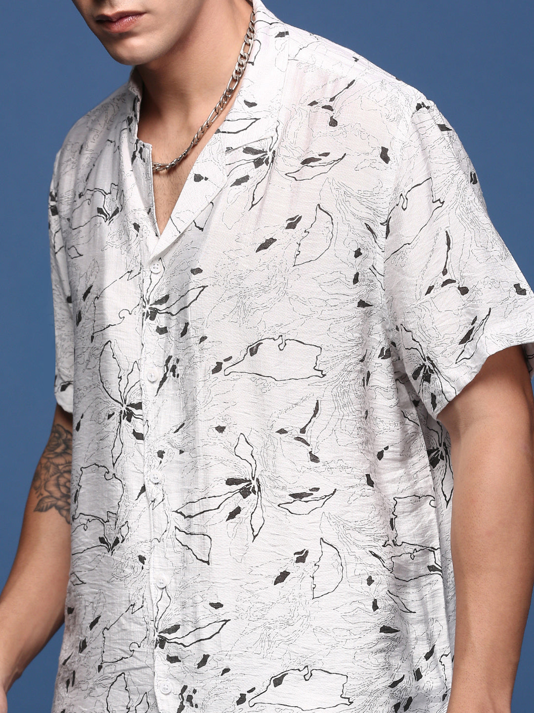 Men Printed Cuban Collar White Relaxed Fit Co-Ords Set