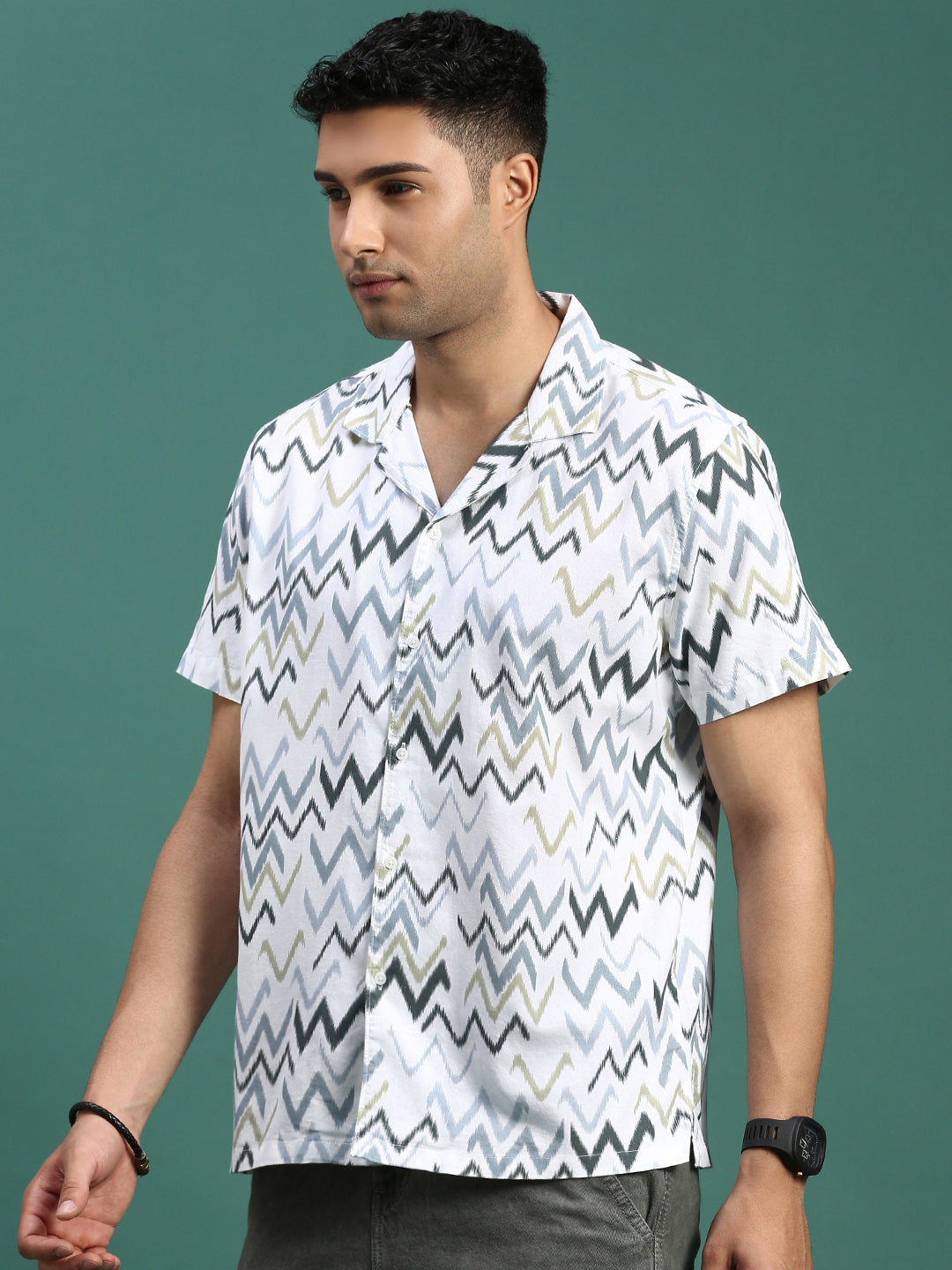 Men Cuban Collar Abstract White Relaxed Fit Shirt